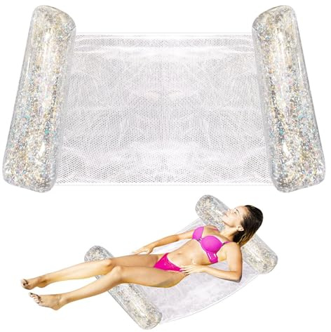 Aufblasbare Hängematte Pool Mit Netz, Luftmatratze Pool Mit Netz Glitzer, Schwimmbad Hängematte Für Pool, Aufblasbare Schwimmbett-Hängematte Für Den Pool, Faltbares Und Auslaufsicheres Pool-Float