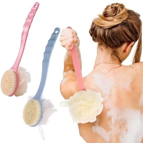 2Pcs Long Shower Body Brush 35CM, Body Brushes Back Scrubbers Bath Dry Brush Mesh Sponge with Curved Long Handle for Men and Women (Blue + Pink)
