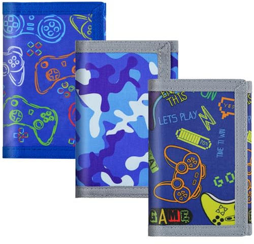 sundee RFID Blocking Wallet,3 Packs Kids Wallet Bulk,Mini Trifold Coin Purse Cartoon Wallet,Front Pocket Wallet with Zipper for Kids,Canvas Outdoor Sports Wallets with Magic Sticker - Blue Game