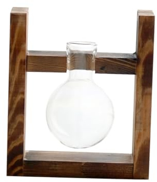 BESTonZON Wooden Rack Glass Hydroponics Container Ball Vase with Stand Modern Desktop Decoration for Tulips Roses Branches Heat Resistant Glass Planter for Home and Office