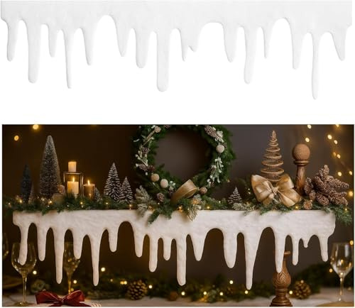 ZocRjvN 2 Stück 120x36 cm Kunstschnee, Winterdeko Schneedecke für Kamin und Weihnachtsbaum, Dekoschnee mit Eiszapfen Deko, Weiße Polyester Schneedecke für Tisch und Wanddekoration