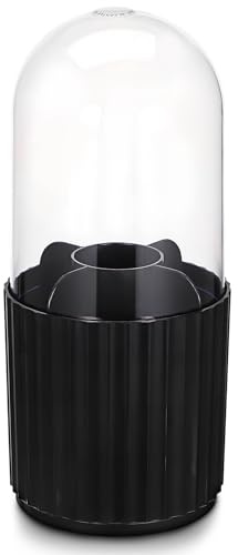 Organizador Giratorio de Brochas de Maquillaje con Tapa | Plástico Negro, Compartimentos Divididos y Tapa Transparente, Diseño de Rayas con Acceso Fácil y Aspecto Elegante