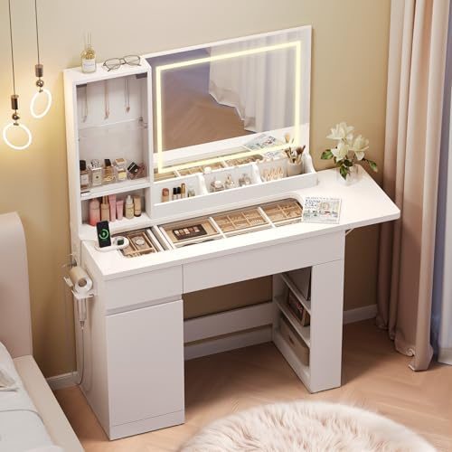Dripex Dressing Table with LED Light Adjustable Brightness,Vanity Makeup Desk with Mirror and Power Outlet,2 Shelves & 7 Open Compartments,2 Large Drawer & Cabinet,Modern Organizer for Bedroom