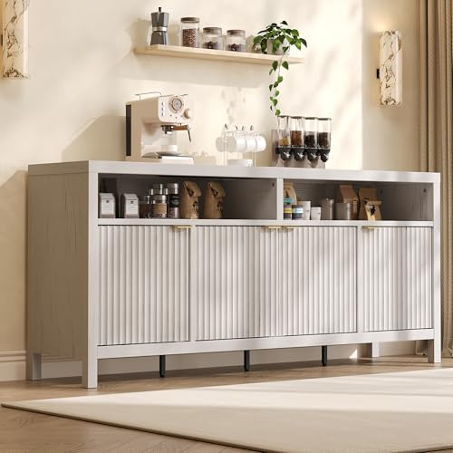 IDEALHOUSE Sideboard Buffet Cabinet with Storage，65 Fluted Cabinet with 4 Doors, Long Buffet Cabinet, Sideboard Storage Cabinet for Kitchen,Living Room,Vintage White