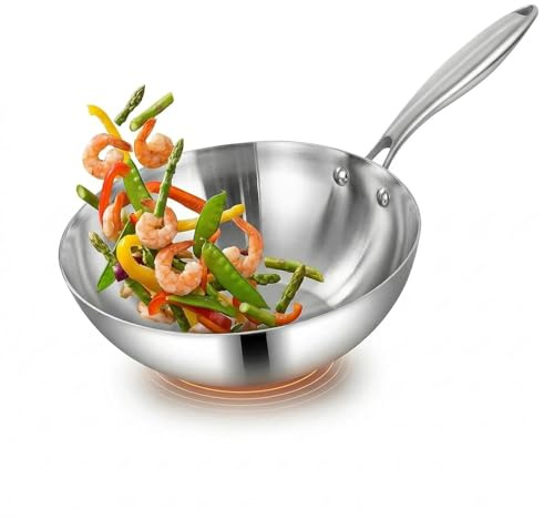 Wok Stainless Steel 3-Ply Clad Stir Fry Pan for Everyday Home Cooking, Flat Bottom Induction Hob Wok with Riveted Handle and Even Heating, 20cm (Silver,26cm)
