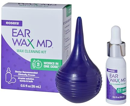 eosera Ear Wax MD Cleaning Kit - Fast-Acting Ear Wax Dissolving Drops & Rinse Bulb Syringe - Doctor Recommended, Clinically Proven Earwax Dissolver for Adults & Kids - Works in 15 Minutes - 15ml
