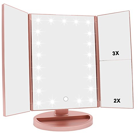 WEILY Schminkspiegel mit Beleuchtung, Faltbarer Kosmetikspiegel mit 3X/2X/1X Vergrößerung, 21 natürliche LED Lichter, Batteriebetrieben Order USB Aufladen dimmbarer Makeup Mirror (Rosengold)