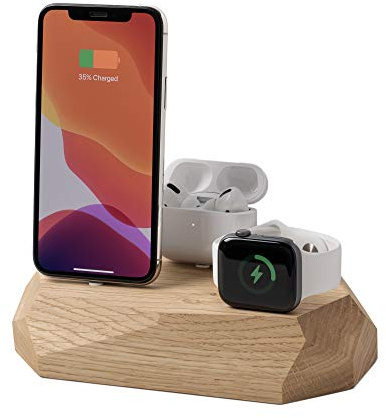 Oakywood - Station de charge Apple 3-en-1 pour Watch, iPhone et AirPods - 2x connecteur Lightning USB-A inclus - Triple dock - Chêne