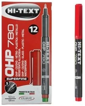 Hi-Text 780OHP Marcatore permanente - punta superfine - per pellicole, vetro, metallo, plastica, CD, DVD - Scatola 12 pezzi colore rosso