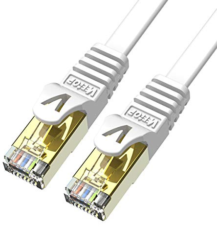 Veetop Cable Ethernet 2m 2 pièces, Cable Rj45 Cat 7 Plat haute vitesse avec connecteur RJ45 plaqué or, Cable Ethernet blindé Cable internet Haut Débit 10 Gb/s - 750 MHz Blanc
