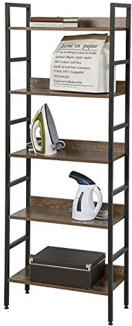eSituro Bücherregal Standregal modern mit 5 Ablagen 60x27.5x160CM | Küchenregal Badregal Badezimmer Aufbewahrung Leiterregal Stufenregal platzspazierend modern Schwarz+Nussbaum Metall+MDF
