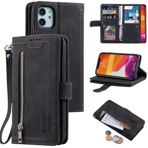 UEEBAI Hülle für iPhone 12 Mini, Retro Leder Klapphülle, Schwarz | Premium PU Handyhülle Magnetische Lederhülle mit 9 Kartenfächer Standfunktion Geldbörse Trageband Schutzhülle Wallet Case