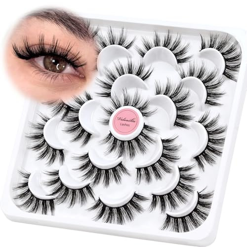 Veleasha Lashes Wispy False Lashes Strips 3D Fuax Mink Eyelashes Natural Fluffy False Eyelashes 18mm Soft Strip Lashes Lightweight Fake Lashes 10 Pairs Pack (V07)