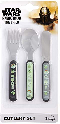 Mandalorian 3-teiliges Besteckset - Metall, wiederverwendbares Kindermesser, Gabel & Löffel, Kindergröße, aus lebensmittelechtem Edelstahl & ABS-Kunststoff - Besteckset - ab 12 Monaten