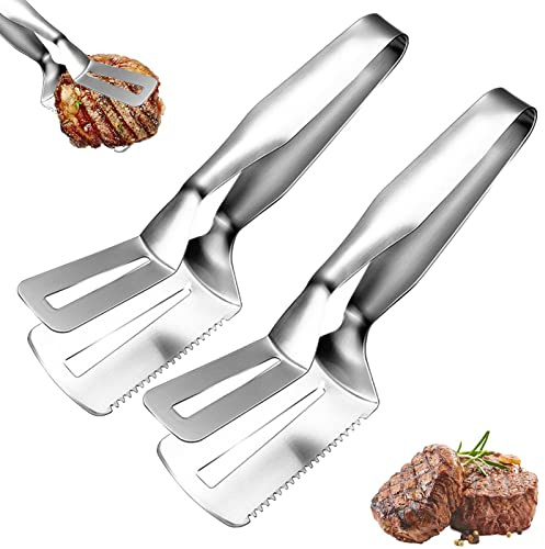 2 Pcs Stainless Steel Steak Clip,Multi-Function Food Grade Stainless Steel BBQ Tongs,Bread Clip,Stainless Steel Barbecue Tongs,Steak Clamp Jagged,Can Clip, Shovel, Can Cut Three-in-one Steak Clip