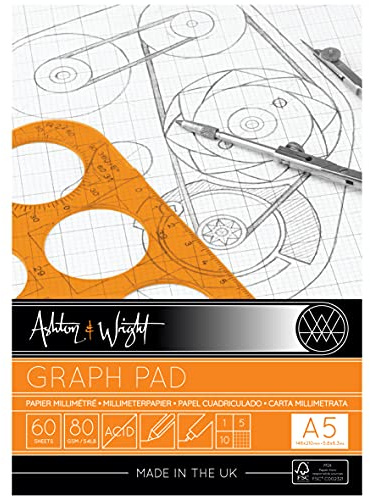 Ashton & Wright Grey Grid Graph Pad, 60 Sheets, 80gsm, Glue Bound, A5 Size