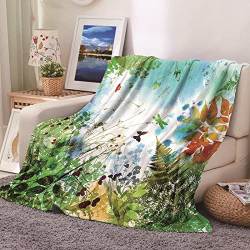 Fleecedecke XL, Kuscheldecke Personalisiert Weich Grün Sofaüberwurf Flanell Mit Schmetterling und Pflanzen Sofadecke Couchdecke 130X150CM