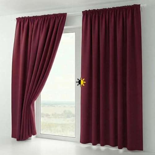 BEAUTEX 2er Set Kräuselband Verdunkelungsvorhang mit U-Band, Gardinen abdunkelnd und Blickdicht (B=140 cm, H=245 cm, Bordeaux)