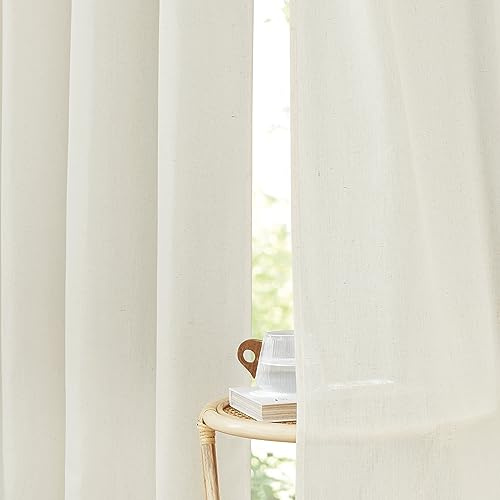 PONY DANCE Wohnzimmer Gardinen mit Ösen Leinenvorhang 2er Set H 200 x B 140 cm Creme, Vorhänge Leinenoptik Halbtransparent Boho Style Linen Curtains for Bedroom