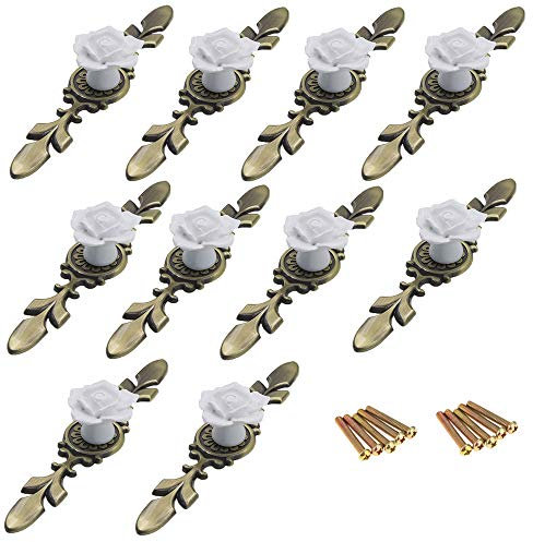 fangdanw Vintage-Zuggriffe, Hardware-Knauf, Möbelgriffe, 10 Stück, Vintage-Blumen-Rose-Keramik-Türknäufe, Griffe, Schubladen, Küchenschränke, Kommoden, Schubladengriffe mit antikem Messingsockel für d