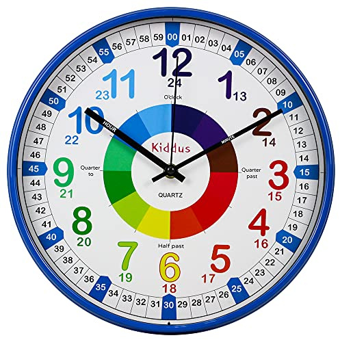 Kiddus Reloj de Pared Pedagógico Infantil. Analógico y Silencioso. Aprende la Hora con Nuestro Fácil Sistema Time Teacher. 30cm de diámetro. Manecillas en Inglés. Color Azul