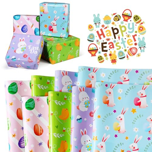 Sinmoe 12 Blatt Ostern Geschenkpapier 68,58 x 50,8 cm 4 Stile Eier Hasen Geschenkpapier Aquarell Geschenkpapier DIY Cartoon Kunst Geschenkpapier für Frühling Ferien Geburtstag Dekorationen