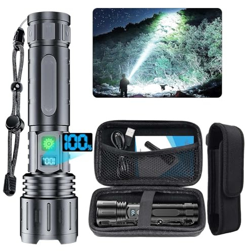 20000 High Lumens Rechargeable Flashlights, 1500M Long Beam Super Bright LED Light with Power Display and IPX5 Waterproof for Camping, 20 Run Time