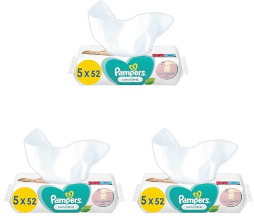 Pampers Sensitive Baby Feuchttücher, 260 Tücher (5 x 52), ohne Duft, für eine sanfte und weiche Reinigung (Packung mit 3)