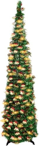 Christmas Tree with Lights, 150cm/5ft Collapsible Artificial Xmas Tree, Pop Up Christmas Tree Tinsel Tall Skinny Coastal Xmas Tree for Home Office Holiday Xmas Decor (Dark green)