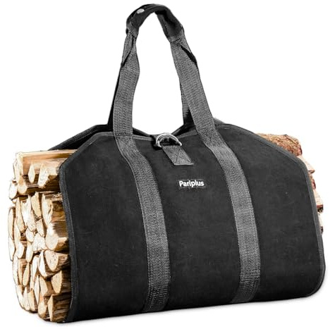 Pariplus Canvas Firewood Carrier Bag - Sturdy Log Carrier for Firewood with Handles and Security Strap, Wood Carrier for Firewood Tote for Camping Fireplace Wood Stove Accessory - Black