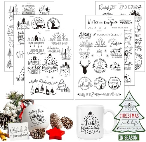 Weihnachten Sticker, 6 Stück Rub On Folie Transferaufkleber, Kerzentattoos DIY Deko Aufkleber für Kerzen