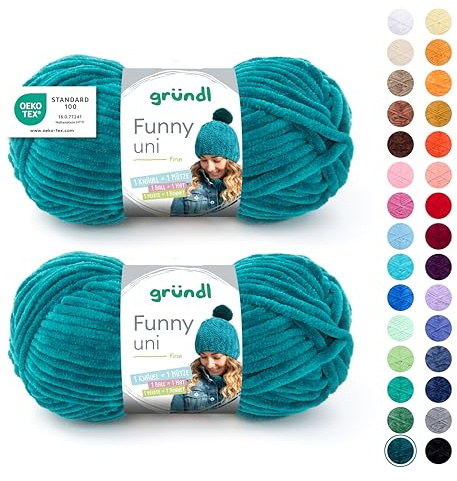 Gründl Laine Funny uni - laine chenille douce pour le crochet – moelleuse et respectueuse de la peau - 100% polyester – 2 pelotes 100 g / 120 m – taille d’aiguille 5-6 -pétrole