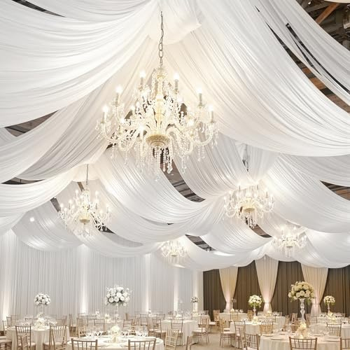 Party Village 10 Panels 5ftx30ft White Ceiling Drapes for Wedding Parties | 30 FT Extra Long Thick Polyester Wrinkle-Free Drapery Tent Decor Decorations for Birthday Party Ceremony Stage Swag