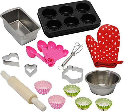 24 TLG. Backset aus Metall - Muffin Set - Edelstahl - lebensmittelecht - Küchenhelfer + Ausstechformen + Nudelholz + Topflappen + Schneebesen + Backform -..