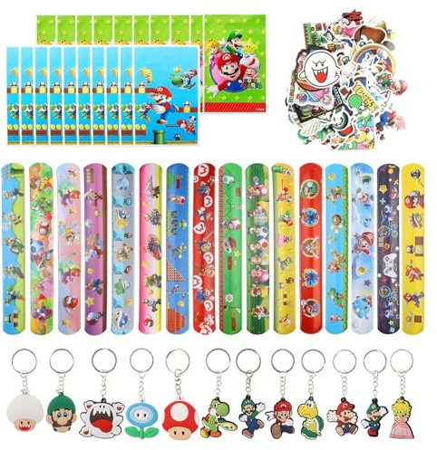 XoeLLe 98 Piezas Detalles Cumpleaños Niños Dibujos Animados, Incluir 12 Llaveros Niños 16 Pulsera de Dibujos Animados 50 Pegatinas Infantiles 20 Bolsas Regalo, Cumpleaños Rellenos de Bolsas de Fiesta