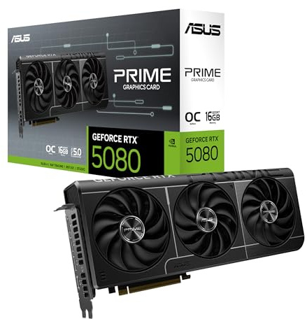 The SFF-Ready ASUS Prime GeForce RTX™ 5080 16GB GDDR7 OC Edition Graphics | Blackwell 10752 CUDA GPU, 16GB GDDR7 256-bit, PCIe 5.0, HDMI 2.1b + 3x DP 2.1b, 2.5-Slot Design, DLSS 4