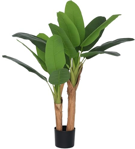 HOMCOM Planta Artificial Bananero 120 cm con Maceta y 15 Hojas Planta Decorativa para Interior Verde