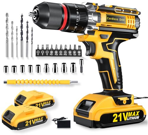 Cordless Hammer Drill Set, 21V Impact Drill Driver and Screwdriver Set with 2 Batteries, 25+3, 10mm Heave Duty DrillChuck, 2 Speed Power Combi Battery Drill Set with 27 Accessories for Home DIY Gift