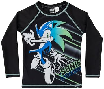 Sonic The Hedgehog simtröja UV-skydd 50+ för pojkar – barn långärmad badskjorta, skjorta, badkläder, rashguard, svart, svart, 122-128