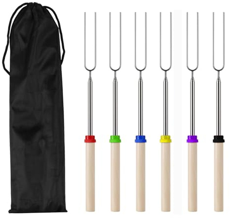 Marshmallow-Bratstäbe für Feuerstelle, 81,3 cm, ausziehbare Smores-Sticks für Feuerstelle, Party, Lagerfeuer, Camping-Zubehör, Edelstahl, Grillspieße, Gabeln, Werkzeuge + Tasche, 6 Stück