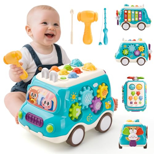 LTFIOON Baby Spielzeug ab 1 Jahr, Musikalischer Bus Kinderspielzeug mit Xylophon,Hammerspiel, Montessori Musik Spielzeug ab 1 2 Jahr, Mädchen Jungen Lernspielzeug Geschenke (Blau)
