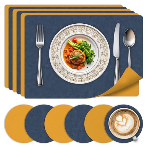 Set di 6 tovagliette e sottobicchieri-Tavagliette resistenti al calore lavabili, tovagliette in pelle a doppia faccia con design antiscivolo per cucina, casa, ristorante