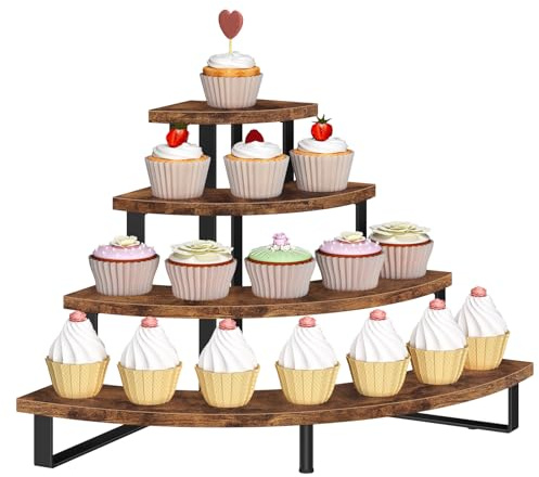 ELITEROO Cupcake-Etagenständer, Holz-Treppe, 4-stöckig, Dessert-Tisch-Display-Set für Kekse, Cocktails, Süßigkeiten, Donut, Display-Riser für Verkäufer, Bastel-Show, rustikale braune gebogene Ecke