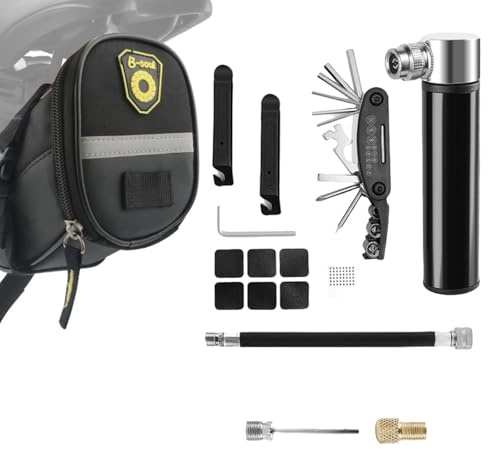Cerioll Kit Reparation Velo Trousse Outils, Trousse D'outils De Vélo, avec Outil Multifonction 16 en 1, Pompe, Démonte-Pneu, Pneus sans Colle, Sac de Selle, pour Bicyclette, VTT, Cyclisme