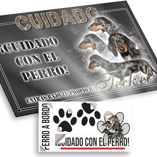 Teckel arlequín Cuidado con el Perro Cartel 15x9,5cm - Diseño Antracita Dibond con Pegatina Coche - Cuidado Perro