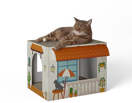 Cat’s Palace Katzenhaus Mediterrane Finca – Rückzugsort & Kratzmöbel mit 2 Kratzflächen für Katzen | 45×35×35 cm | Made in Germany