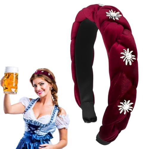 OUDQFCJ Trachten Haarreif Damen Geflochten mit Edelweiss Samt Kopfschmuck für Dirndl Oktoberfest Haarschmuck Accessoires Dunkelrot
