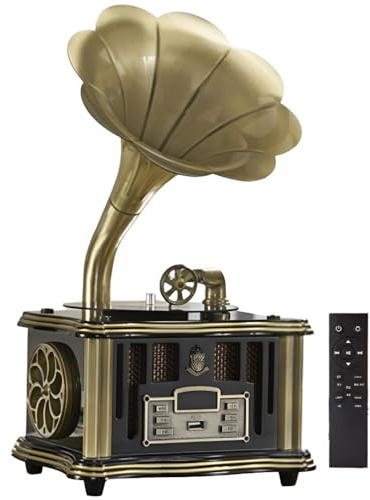 Gramophone Haut-parleur Bluetooth vintage rechargeable via type C, sans fil avec Bluetooth 5.0 et radio FM, parfait pour la décoration intérieure et les amateurs de musique
