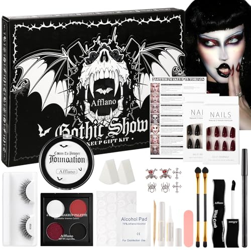 Goth Makeup Kit – Complete Gothic Make up Set for Vampire, Witch, Clown, Emo, Grunge, Theater, Halloween SFX with White Foundation, Red Eyeshadow Palette, Black Lipstick, Eyelashes, Eyeliner, Nails