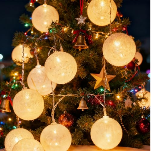 MIUUIPI Baumwollkugeln Lichterkette, 3M 20 LED Dimmbar Lichterketten，6cm Cotton Ball Lichterketten mit Fernbedienung und Timer, USB Lichterkette für Kinderzimmer, Weihnachten, Party, Garten